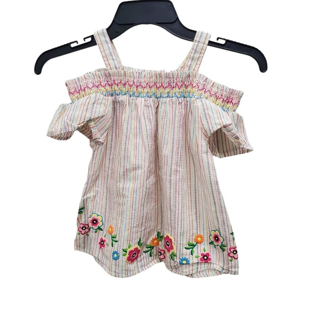 Forever Me Girl's White Rainbow Stripe‎ Floral Smocked Off Shoulder Top Size 7